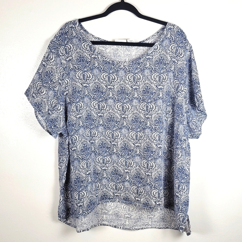 Rachel Zoe 100% Linen Plus Size Blue Block Print Floral Boxy Top 3X Lightweight